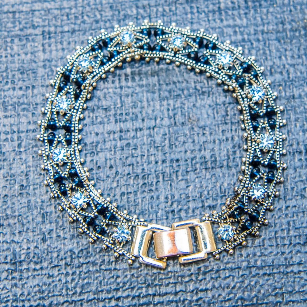 Diamond Pattern Blue & Silver Stones Costume Jewelry Bracelet